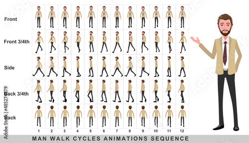Walking animation of businessman,Character Walk Cycle Animation Sequence. Frame by frame animation sprite sheet.Man walking sequences of Front, side, back, front three fourth and back three fourth.