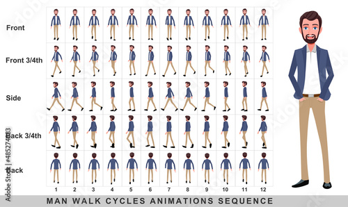 Walking animation of businessman,Character Walk Cycle Animation Sequence. Frame by frame animation sprite sheet.Man walking sequences of Front, side, back, front three fourth and back three fourth.