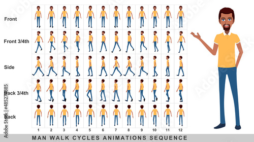Walking animation of businessman,Character Walk Cycle Animation Sequence. Frame by frame animation sprite sheet.Man walking sequences of Front, side, back, front three fourth and back three fourth.
