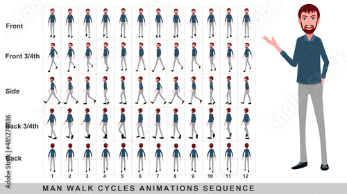 Walking animation of businessman,Character Walk Cycle Animation Sequence. Frame by frame animation sprite sheet.Man walking sequences of Front, side, back, front three fourth and back three fourth.
