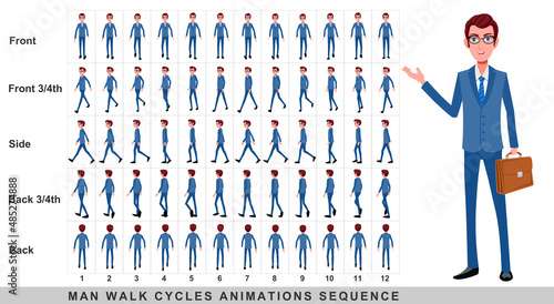 Walking animation of businessman,Character Walk Cycle Animation Sequence. Frame by frame animation sprite sheet.Man walking sequences of Front, side, back, front three fourth and back three fourth.