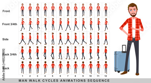 Walking animation of businessman,Character Walk Cycle Animation Sequence. Frame by frame animation sprite sheet.Man walking sequences of Front, side, back, front three fourth and back three fourth.