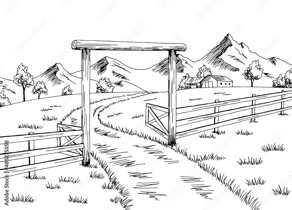 Vetor de Farm gate graphic black white landscape sketch illustration ...