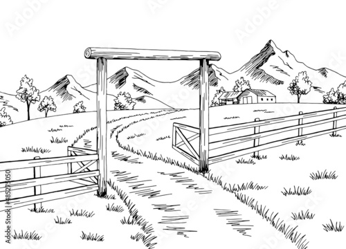 Farm gate graphic black white landscape sketch illustration vector  