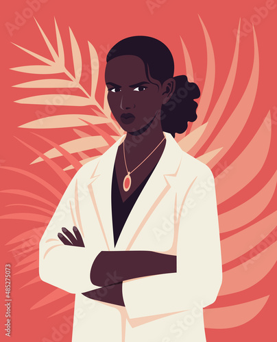 Portrait of an angry African woman with crossed arms  and wearing in a business suit in half-turn. Vector flat illustration.