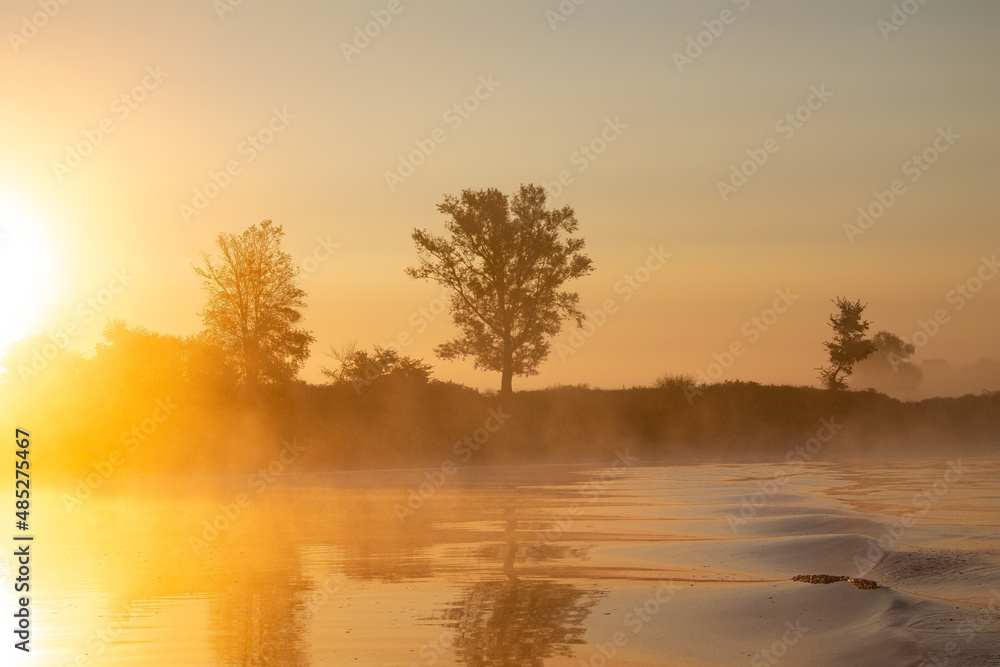 Bright rising sun over shore with trees on river waves Bright rising sun over shore with trees on river waves