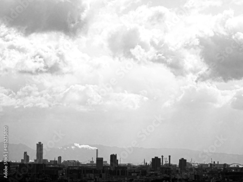 Factory and sky.   Black and white photography   
