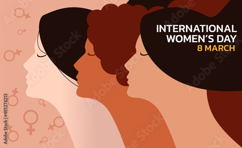 International Women's Day. Vector illustration of five happy smiling diverse women standing together.