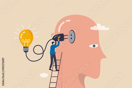 Creativity and idea thinking, brainstorm for solution, imagination or innovation to create new idea concept, smart businessman climb up ladder to plugin creative lightbulb into his brain head.