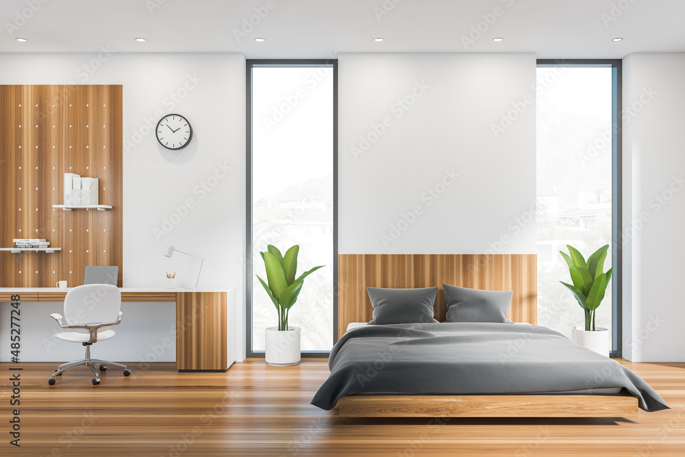 White empty wall, modern bedroom interior and home office with panoramic window, comfortable bed. Laptop on desk. Concept of modern life. Mockup copy space. 3d rendering. White empty wall, modern bedroom interior and home office with panoramic window, comfortable bed. Laptop on desk. Concept of modern life. Mockup copy space. 3d rendering.
