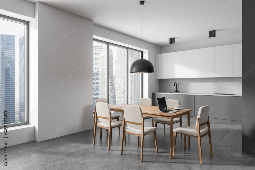 Fototapeta premium Modern dining interior with table and seats, shelves and panoramic window