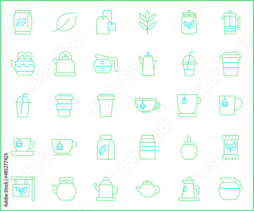 Set of tea and drink icons line style. It contains such Icons as star anise, infusion bags, tea strainer, green tea, nature, herbal, rooibos and other elements.