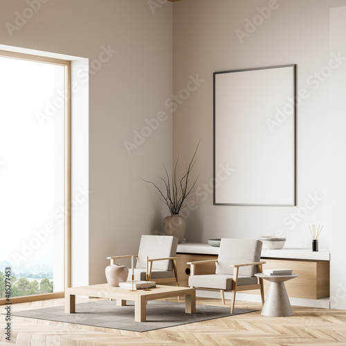Light guest room interior with seats and shelf  window and mockup poster