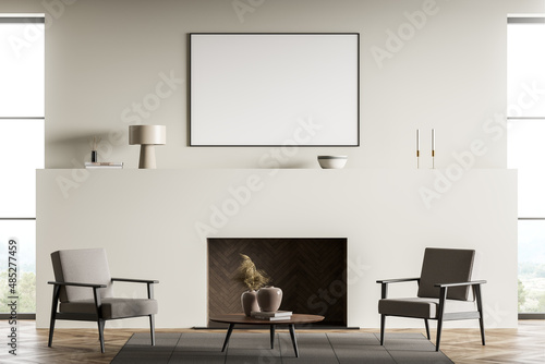 Light guest room interior with armchairs and decoration near window, mockup poster