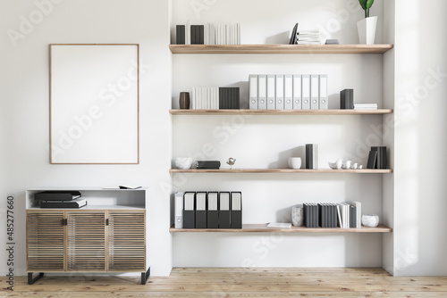 Light office room interior with drawer and decoration, mockup poster