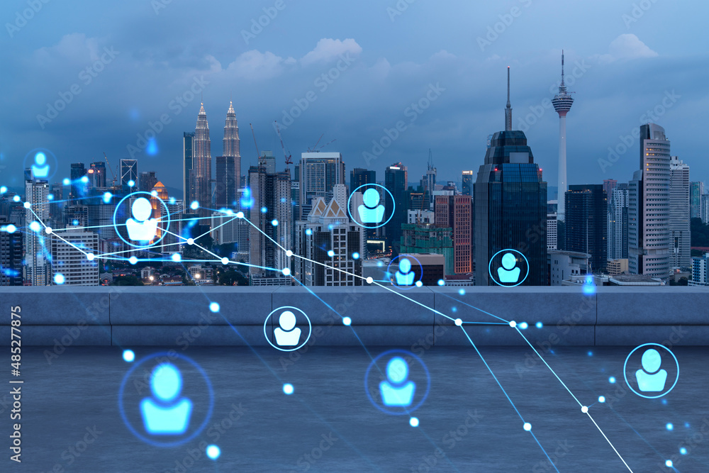 Rooftop with concrete terrace, Kuala Lumpur night skyline. Recruitment ...