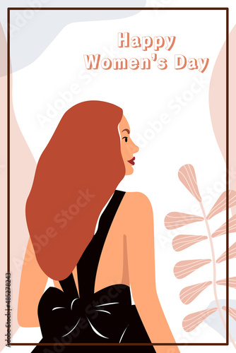 Happy Women s Day  8 march greeting card. Beautiful cute young lady in black dress and abstract plant. Vector illustration for party invitation  poster  beauty flyer