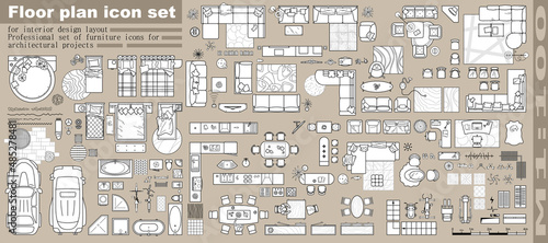 Floor plan. Furniture outline top view. Set of isolated linear icons for interior. Objects and elements for apartments, living room, bedroom, kitchen, bathroom. Bed, sofa, table. Vector Illustration