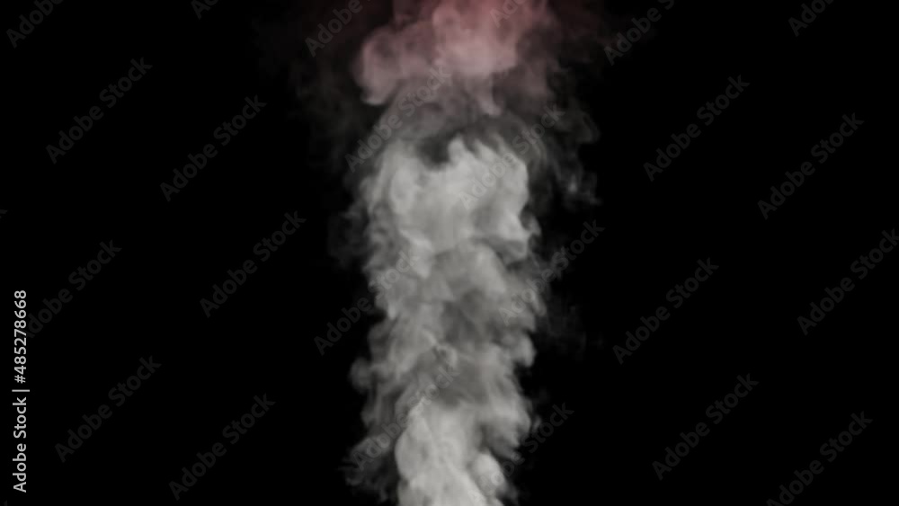 A column of white smoke, slightly tinted pink above, quickly rises from below against a black background. A column of white smoke, slightly tinted pink above, quickly rises from below against a black background.