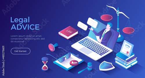 Legal Advice and Aid. Online services. A professional lawyer gives consultation through a laptop. Law and justice concept. Isometric landing page. Vector web banner.