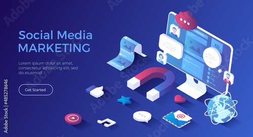 Social media marketing SMM. Marketing and communication strategy. Promotion through social networks. Magnet attracts emoticons, likes, comments. Isometric landing page. Vector web banner.
