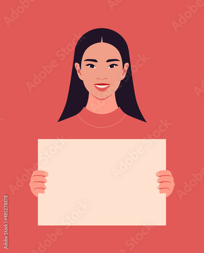 An Asian woman holds an empty poster without text in her hands. Feminism and women's rights. Portrait of a protesting student on a red background. Vector illustration in a flat style