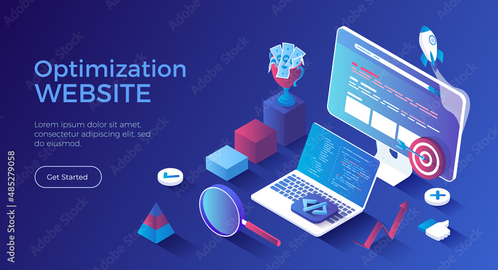 Website Optimization, Search Engine Optimization, SEO strategy. Web analytics, management and marketing. Keywording, Reporting, Links building. Isometric landing page. Vector web banner. Website Optimization, Search Engine Optimization, SEO strategy. Web analytics, management and marketing. Keywording, Reporting, Links building. Isometric landing page. Vector web banner.