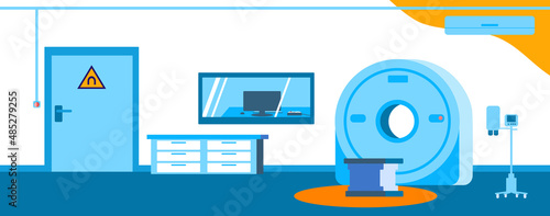 Empty MRI scan room with an MRI scanner, injector, table, air conditioner, closet and a window to a control room. Vector flat illustration for backgrounds, banners, templates.