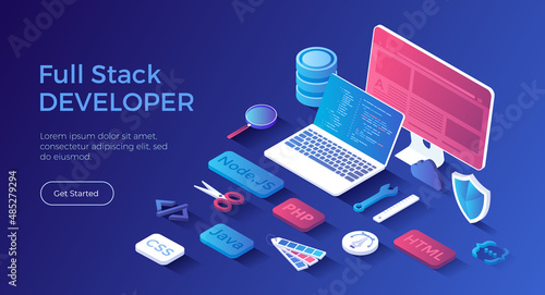 Full Stack Developer. Programmer who can work with software and hardware part of the service Back-end and user interface Front-end. Isometric landing page. Vector web banner.
