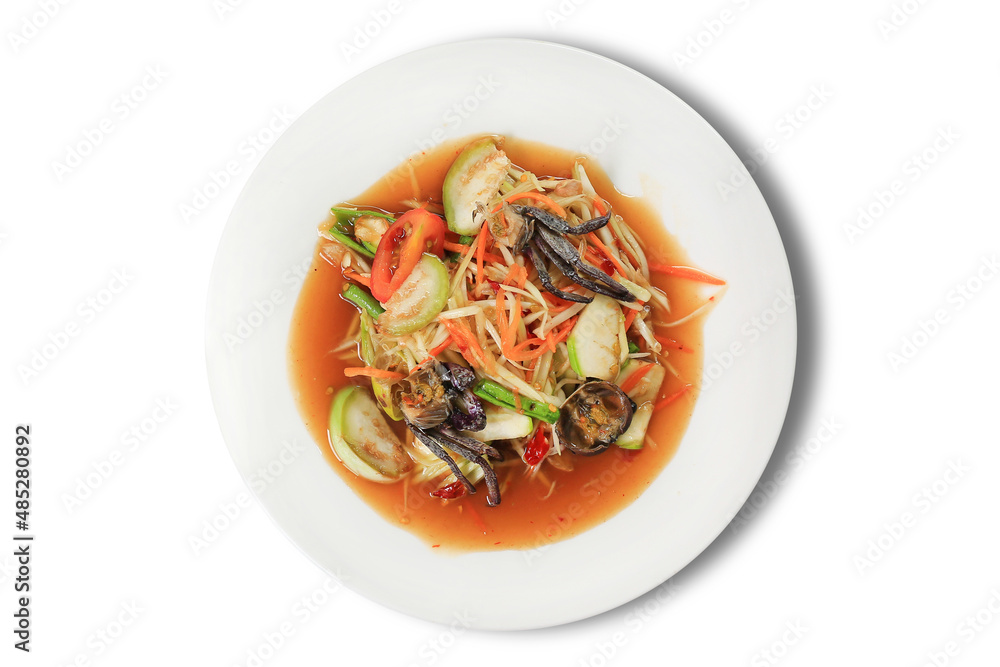 Papaya Salad (Som Tam) the traditional Thai foods isolated on white background. Most wanted popular food in Thailand. Top view Papaya Salad (Som Tam) the traditional Thai foods isolated on white background. Most wanted popular food in Thailand. Top view
