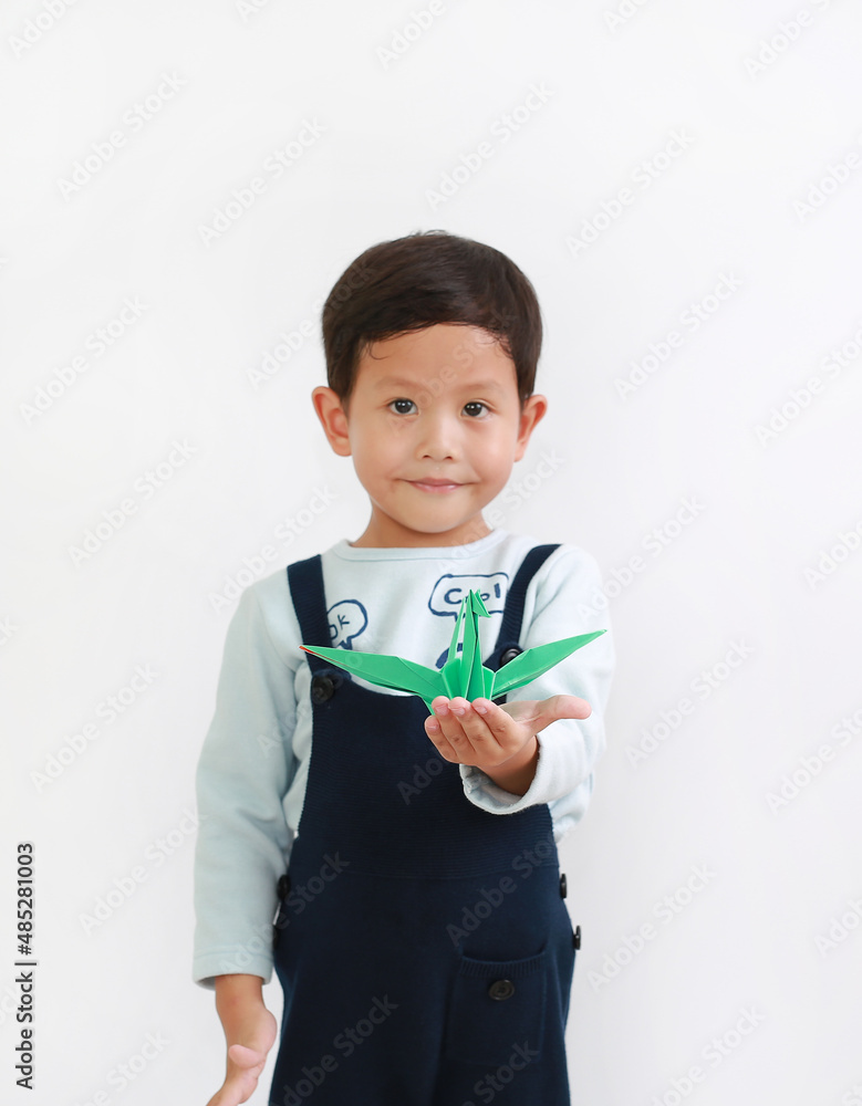 Asian little boy holding origami bird on white background. Focus at origami bird in his hand. Freedom concept. Asian little boy holding origami bird on white background. Focus at origami bird in his hand. Freedom concept.