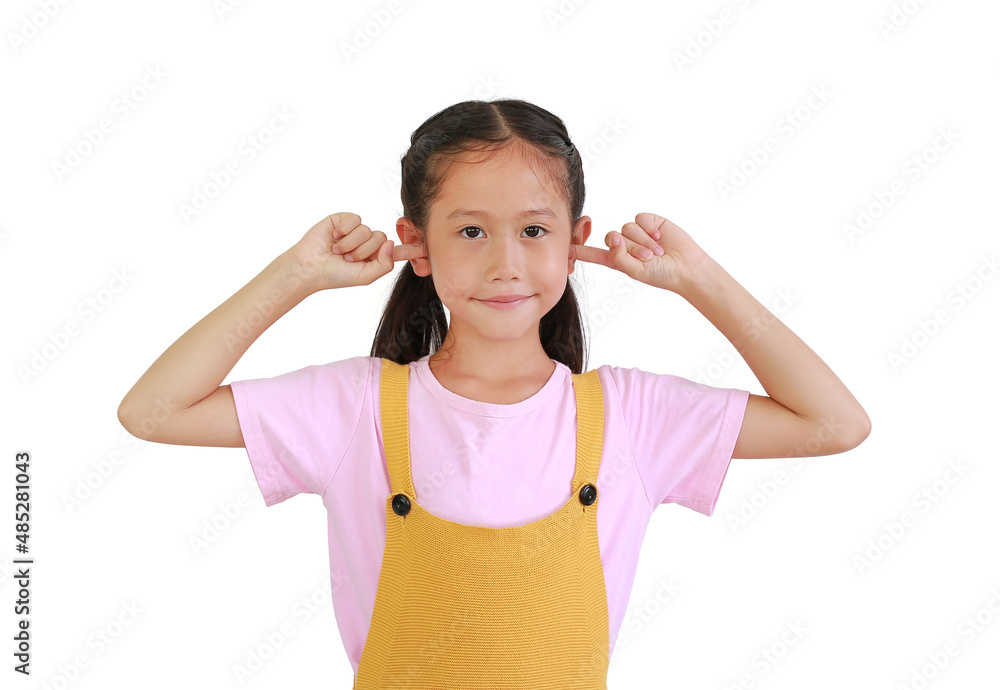 Asian little girl child close plug ears to avoid ignore unbearable loud noise ask quiet isolated on white background. Asian little girl child close plug ears to avoid ignore unbearable loud noise ask quiet isolated on white background.