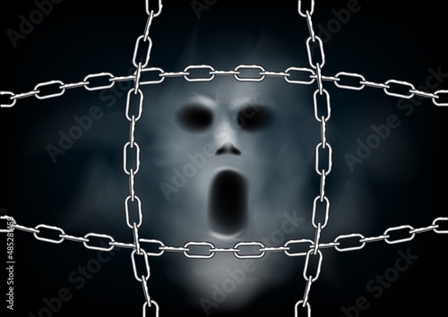 the head of the ghost behind a grid of chains, a realistic illustration.