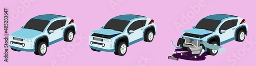 Cartoon vector or illustration isomatic. Status of the soft blue mini SUV car from normal car to the car was slightly damaged. until the car was severely damaged Damage the entire front with leak.