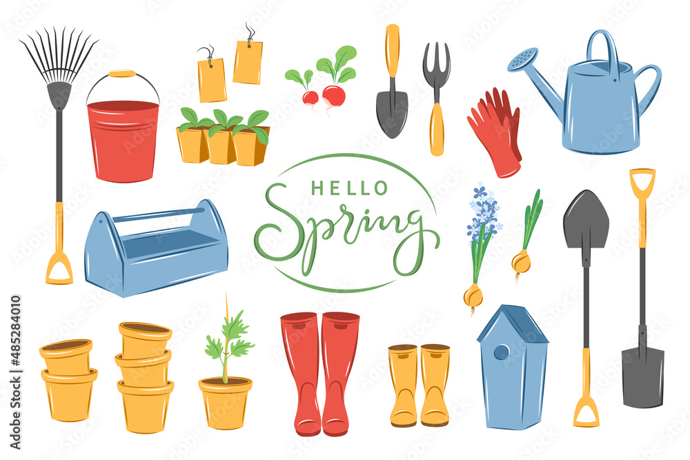 Spring garden element set. Farm agricultural tools. Gardening, growing plants. Vector illustration Isolated on a white.