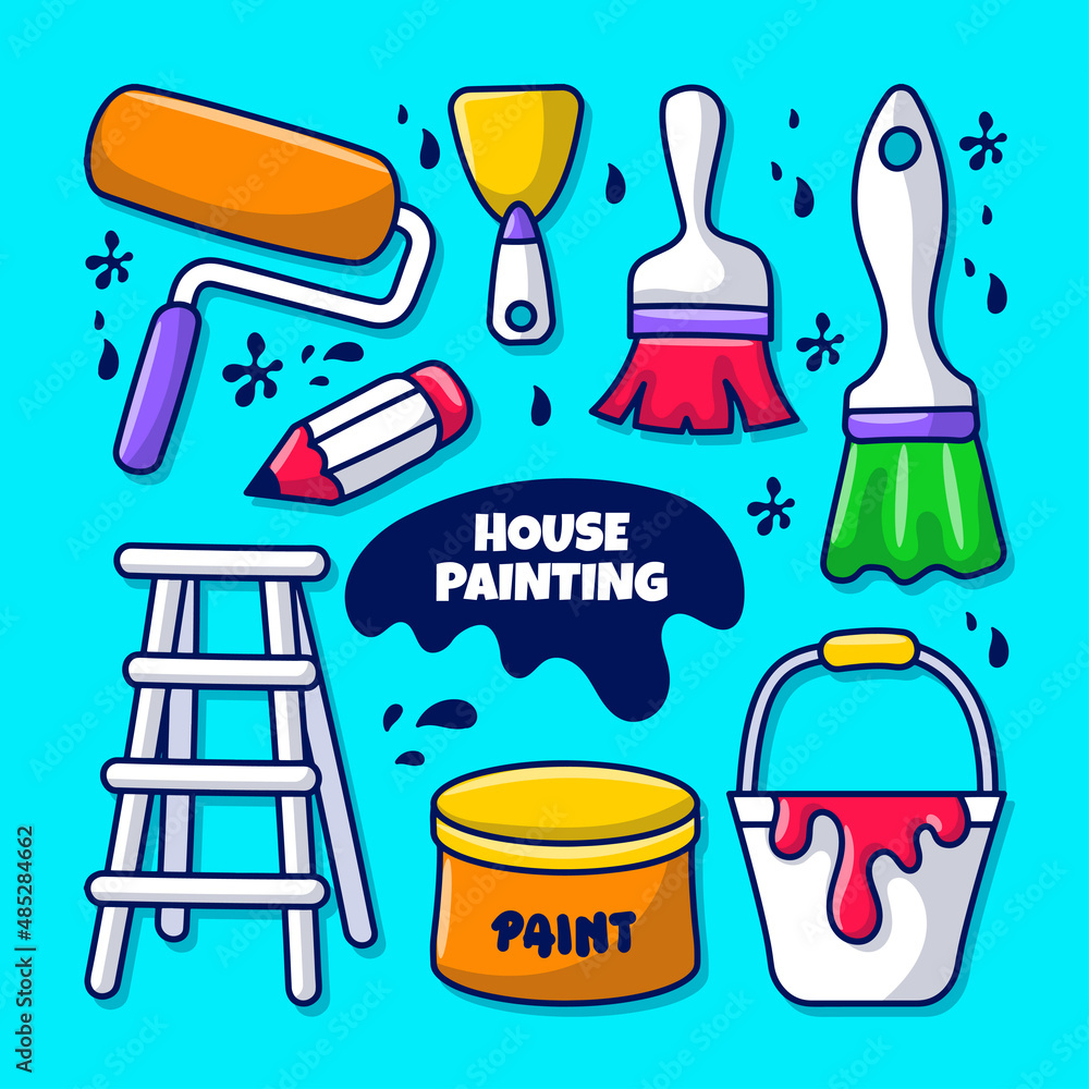 Fototapeta premium House painting equipment element with colored hand drawn outline style