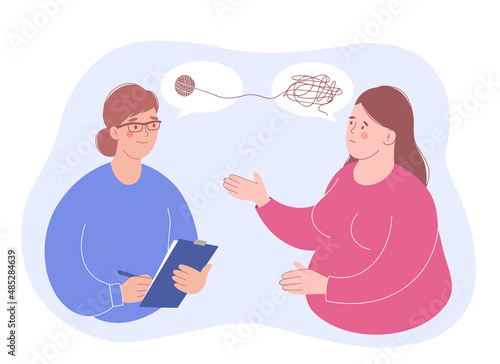 Psychotherapy session. Female psychotherapist and female patient. Treatment of stress, addictions and mental problems. Psychotherapeutic practice, psychological assistance and consultations.