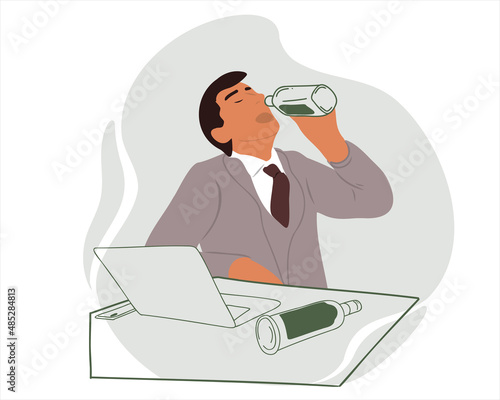 Drunk man drinks from a bottle of alcohol at the workplace. Alcoholism, drug addiction, delirium. Flat vector illustration with doodle or hand drawn
