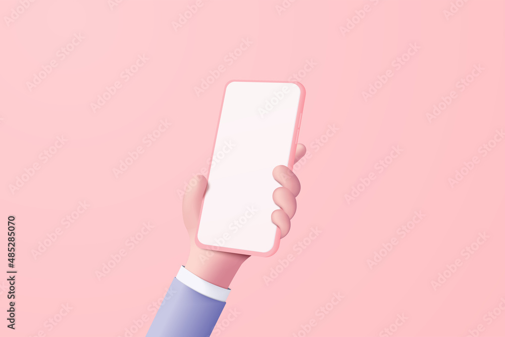 3D vector hand holding mobile phone isolated on pastel pink background ...
