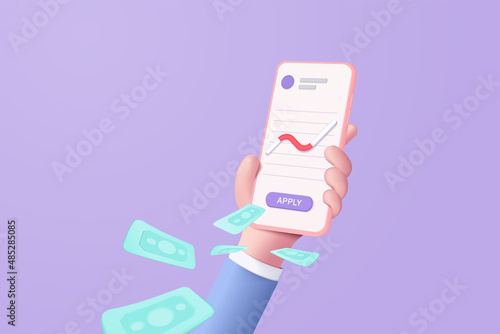 3D vector hand holding mobile isolated on pastel purple background. Hand using funding business graph on application under creative solution concept in 3D vector. 3d trading for business investment