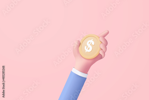 3D money coin hand holding on pastel pink background. holding money in business hand concept, online payment and payment 3d vector render concept. finance, investment, money saving on hand isolate