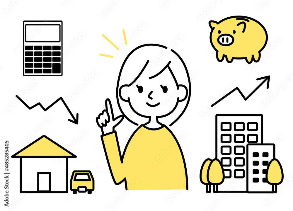 資産価値を説明する女性のイラストとアイコンのセット ベクター素材 持ち家 車 持ちビル 節約