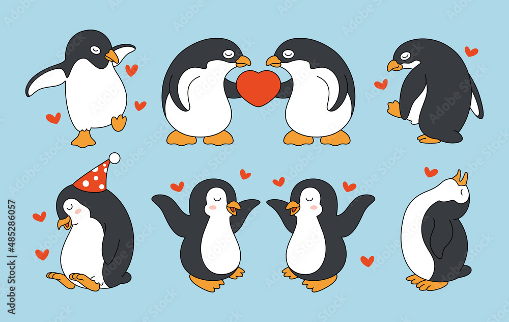 Obraz premium Cute penguin cartoon with hearth and funny pose. Animal icon illustration, isolated on premium vector