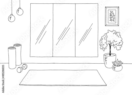 Yoga gym interior graphic black white sketch illustration vector