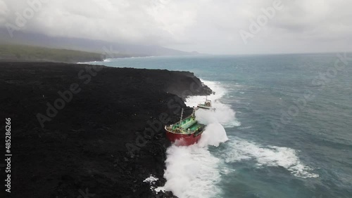 Saint Philippe Le Tremblet, Reunion island - February 5th 20222: Tanker Tresta Star stranded on lava shore in Reunion island after Batsirai hurricane photo