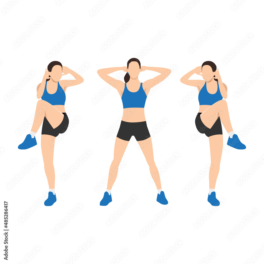 Woman doing Standing criss cross crunches exercise. Flat vector illustration isolated on white background Woman doing Standing criss cross crunches exercise. Flat vector illustration isolated on white background