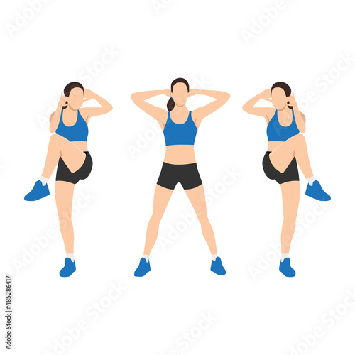 Woman doing Standing criss cross crunches exercise. Flat vector illustration isolated on white background photo