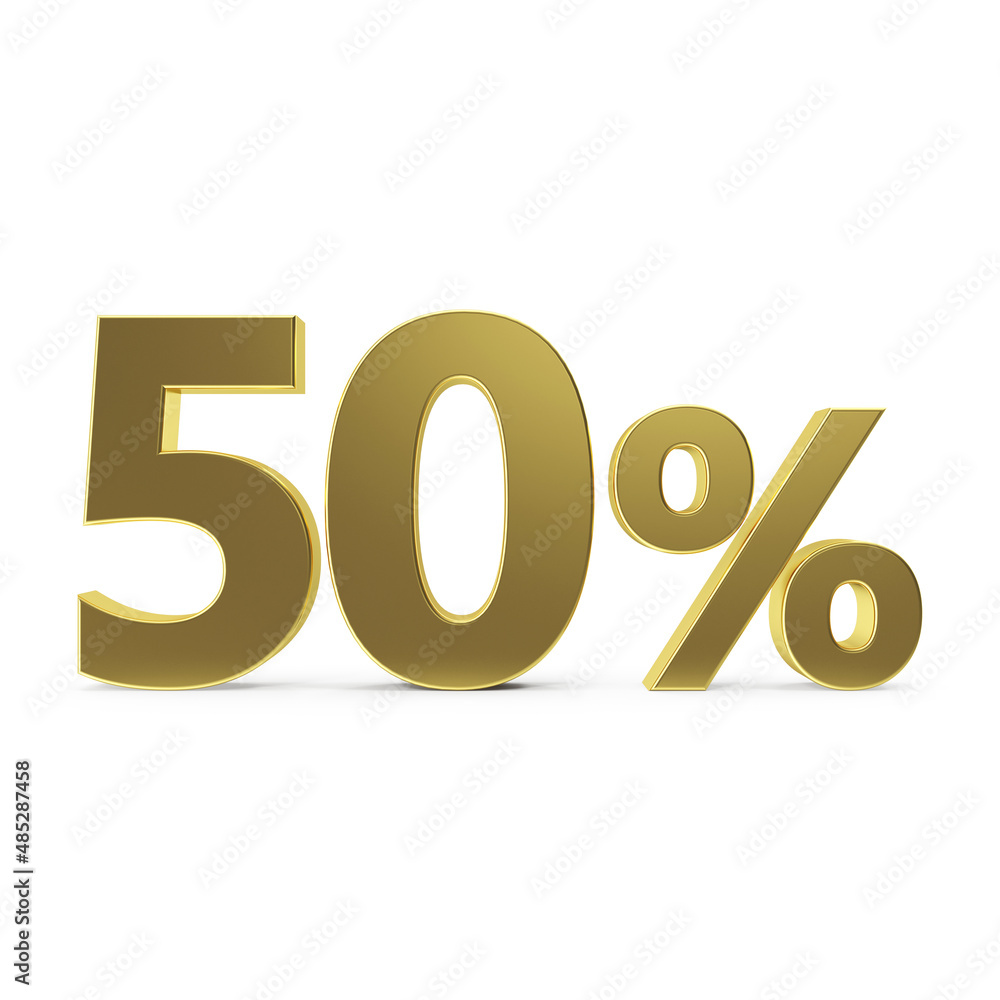 Golden 50 percent symbol. Golden fifty percent on a white background. 3D percentage sign. Discount symbol. 3D render illustration. Golden 50 percent symbol. Golden fifty percent on a white background. 3D percentage sign. Discount symbol. 3D render illustration.