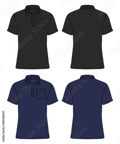 Short sleeve Polo shirt With pocket technical fashion Drawing Flat sketch template front and back view. apparel dress design vector illustration black, navy color mock up Polo tee CAD. 