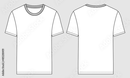 Regular fit Short sleeve T-shirt technical Sketch fashion Flat Template With Round neckline Front and back view. Clothing Art Drawing Vector illustration basic apparel design Mock up.
